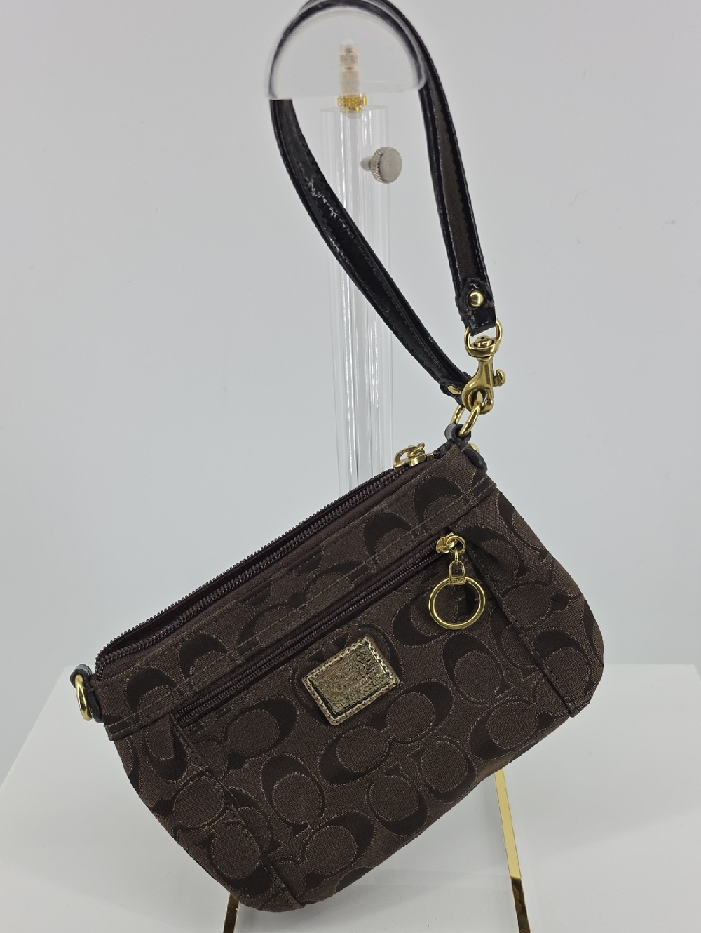Coach Brown Signature Jacquard Wristlet with Gold Hardware